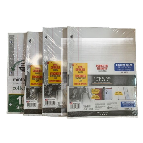 3 Five Star Reinforced Filler Paper College Rule 11 x 8 1/2 White 100 Sheets - Picture 1 of 3